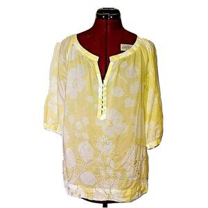 CAbi Songwriter Tunic Top Women’s Size S Yellow White Embroidered Floral Boho